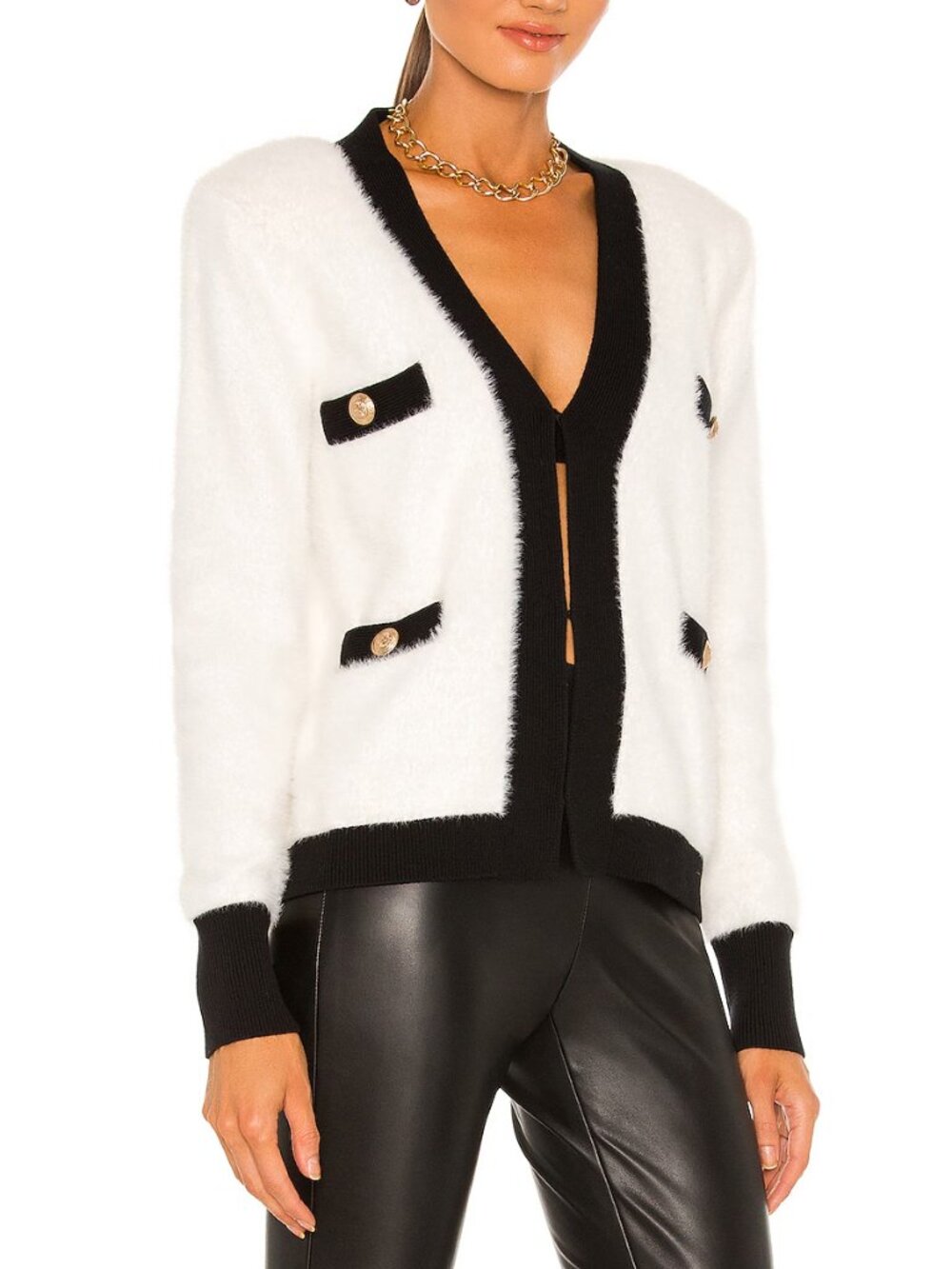 L'AGENCE 'Kai' Pocket Fuzzy Cardigan Sweater, White/Black